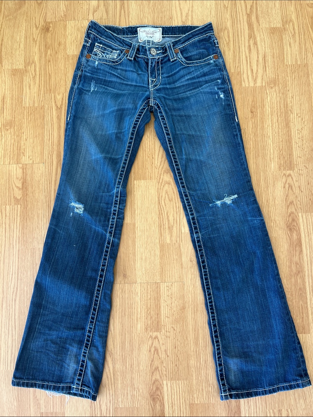 Big Star Liv Bootcut Jeans Women 28L Blue Excellent Contrast Stitch Embroidery